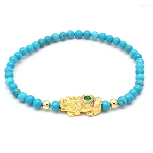 Link Armbanden Natuurlijke Blauwe Turquoise Zwarte Onyx 4mm Agaat Ronde Kralen 18k Gold Plating Fengshui Bixie Kralen Voor Vrouwen