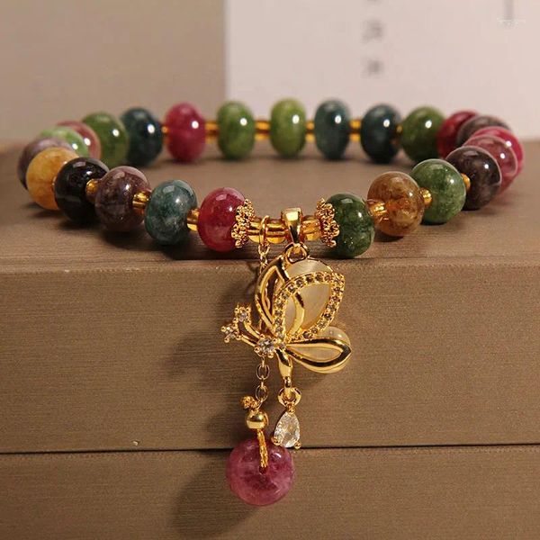 Pulseras de enlace Color natural Turmalina Pulsera de jade Luz de mujer Luxury Butterfly Colgante Strand Party Jewellry