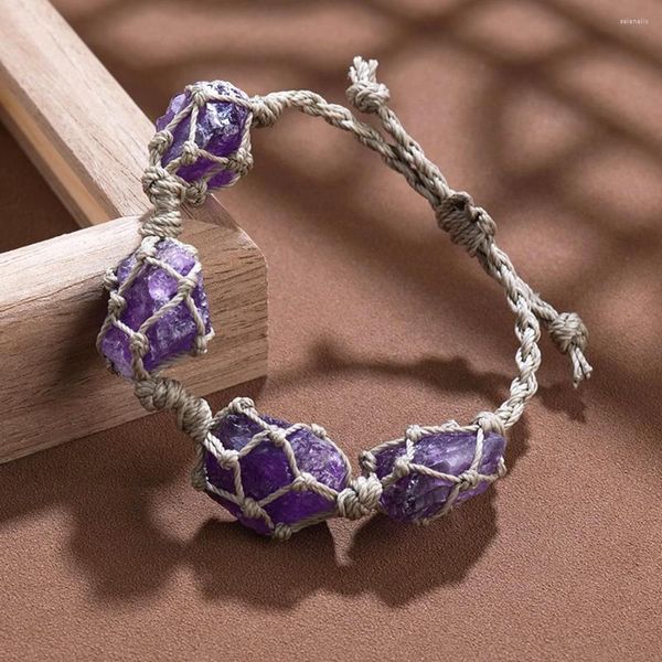 Bracelets à maillons en cristal naturel, bricolage, corde à main tressée, pierre de guérison irrégulière, gravier violet, spécimen minéral, bijoux à quartz brut