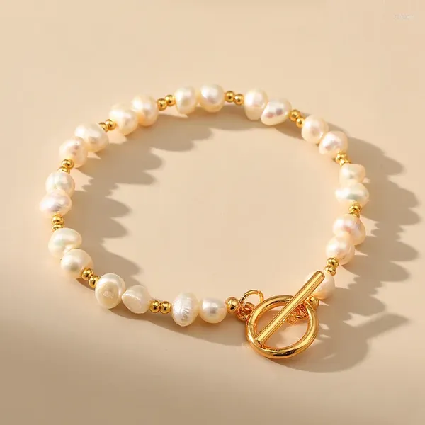 Pulseras de eslabones Perla de agua dulce natural Irregular 18k Chapado en oro Hecho a mano Elegante Latón OT Cierre Joyería Mujeres