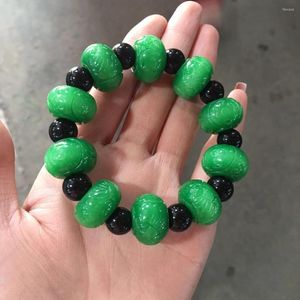 Pulseras de eslabones Natural Myanmar Verde Jade Cuentas talladas a mano Pulsera Jadeíta Mujeres Hombres Oración Esmeralda