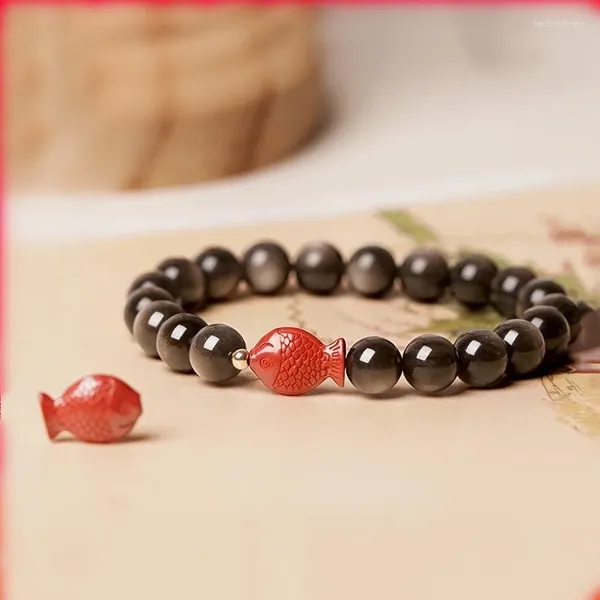 Pulseras de eslabones Pulsera de cristal de obsidiana natural combinada con pescado rojo cinabrio para parejas masculinas y femeninas atmosféricas de moda