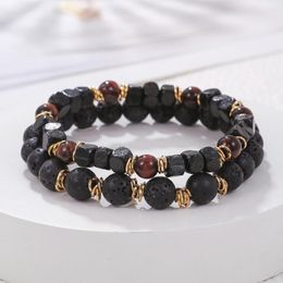 Bracelets à maillons Bracelet en pierres de lave originales naturelles pour femmes et hommes, breloque œil de tigre rouge, corde élastique faite à la main, ensemble de bijoux cadeau