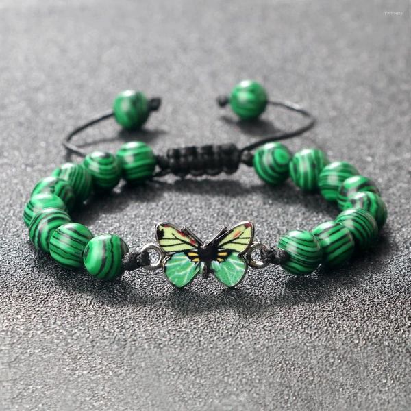 Pulseras de enlace de piedra natural con cuentas para mujeres hombres de moda de mariposa verde pulsera Malachita de lava negra joyas hechas a mano