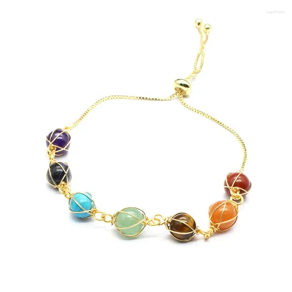 Pulseras de enlace Beads de piedra natural 7 brazalete de chakra dorado color brazalete de cadena ajustable para niños joyería de lujo