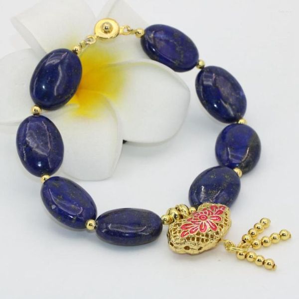 Pulseras de eslabones Piedra natural Lapislázuli azul 13 18 mm Cuentas ovaladas Cloisonne de color dorado Regalos de bodas elegantes Joyería 7.5 pulgadas B2728