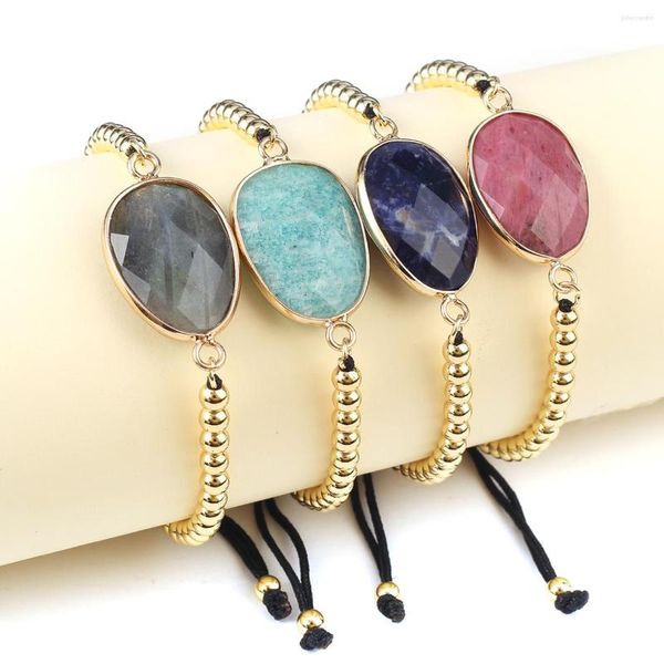 Pulseras de enlace Pulsera de piedra natural para mujer Amazonita Flash Labradorita Cuerda elástica Cuerda negra Trabajo hecho a mano Brazalete Joyería de boda