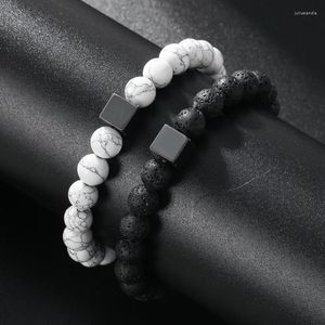 Lien Bracelets Naturel Blanc Turquoise Lave Perlé Bracelet Charme Carré Noir Ironstone Élastique Bijoux Cadeau Pour Femmes Hommes Amis