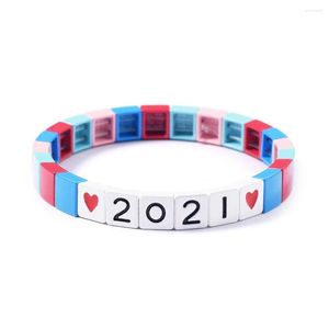 Pulseras de eslabones Número Azulejo Cuentas Strand Pulsera Amigo 2023 Año Regalo Esmalte Cuentas Capa Pulsera Metal Cuadrado Brazalete hecho a mano