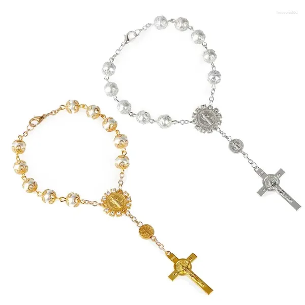Bracelets à maillons, chapelet automatique d'une décennie, perles, catholique, Saint benoît, Crucifix, cadeau de la miséricorde divine pour femmes et hommes
