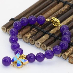 Lien Bracelets Original 10mm Pour Femmes Violet Jades Pierre Calcédoine Perles Rondes Or-couleur Cloisonné Entretoise Bijoux 7.5 pouces B2722