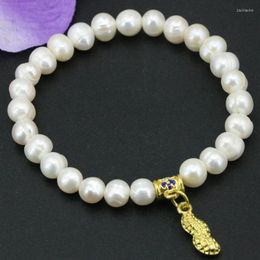 Pulseras de eslabones Diseño original Colgante Perlas de perlas Pulsera Brazalete para mujeres 7-8 mm Perlas blancas naturales Strand Cloisonne Jewelry 7.5inch