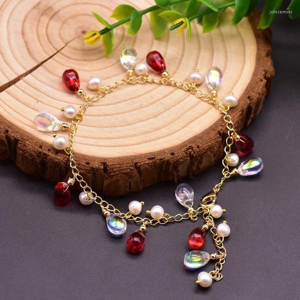 Lien Bracelets Original Naturel Perle D'eau Douce Rouge Cristal Tchèque Réglable Pour Femmes Fille Mariage Paryt Cadeaux Ethnique Boho Bijoux