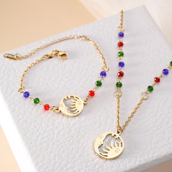 Lien Bracelets PAXA Coloré Perles Chaîne Lune Soleil Pendentif En Acier Inoxydable Collier Bracelet Pour Femmes Mode Étanche Partie Bijoux Ensembles