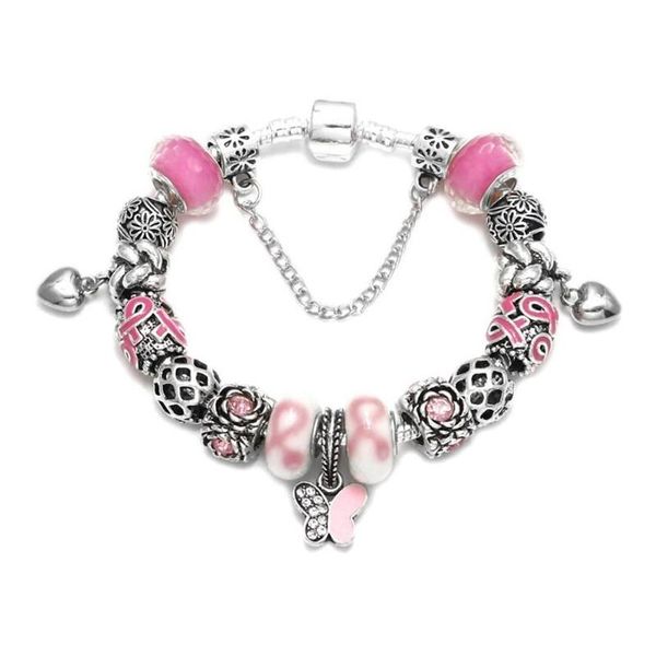 Lien Bracelets PBR117 Rose Ruban Sensibilisation Au Cancer Du Sein Cristal Résine Alliage Perles Chaîne DIY Bracelet Avec Papillon Charme Bijoux Pour