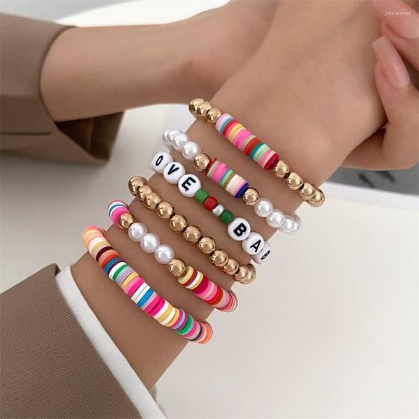Bracelets à maillons ensemble Preppy pour femmes filles adolescents coloré sourire coeur étoile perlé polymère argile perle empilable charme Y2K Kidcore