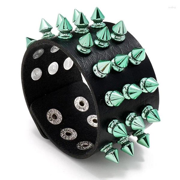 Pulseras de eslabones Punk Pulsera de cuero sintético para hombres Mujeres Brazalete con púas verdes Joyería gótica Cosplay Emo Accesorios de ropa