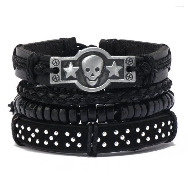 Pulseras de eslabones Punk Cuero de calavera personalizado para hombres Remache Moda Conjunto de cabeza Joyería Aceessories al por mayor