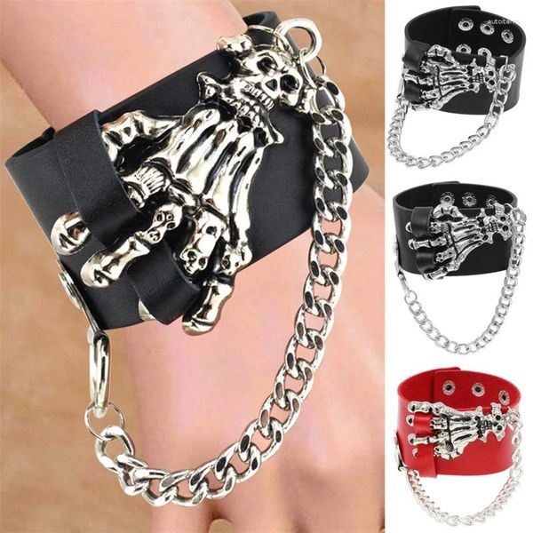 Link Bracelets Punk Skelet Skeleton Cadenas de pulsera Pigurices Puguas de remaches Pu Cuero Gótico Roca Unisex Bangle Men joyería