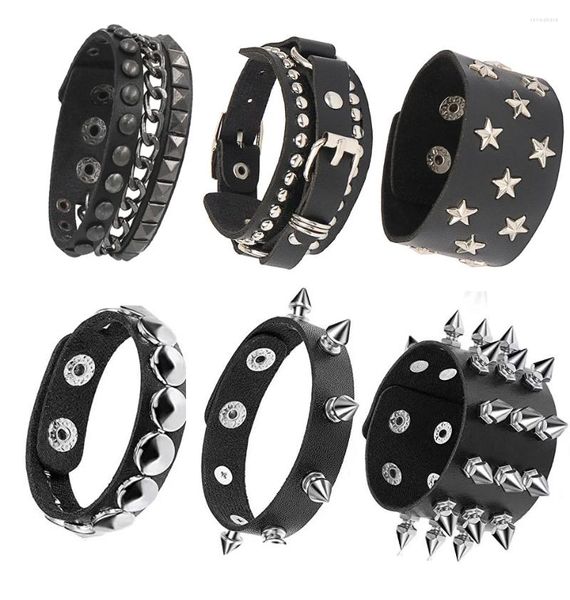 Enlace pulseras punk spikes únicos stud rivet espolones anchos pulsera de cuero gótico roca unisex bangle hombres joyas