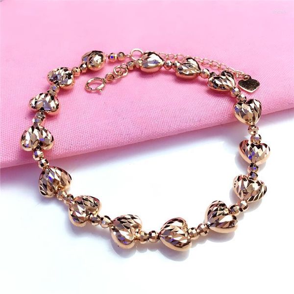 Pulseras de eslabones Pure Russian Purple Gold Laser Heart Bead Pulsera Mujer 585 Rose 18K Joyería plateada