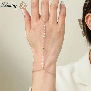 Linkarmbanden Qiming Imitatie Pearl verbonden vingerringarmband voor vrouwen Koreaanse bruiloftsjuwelen