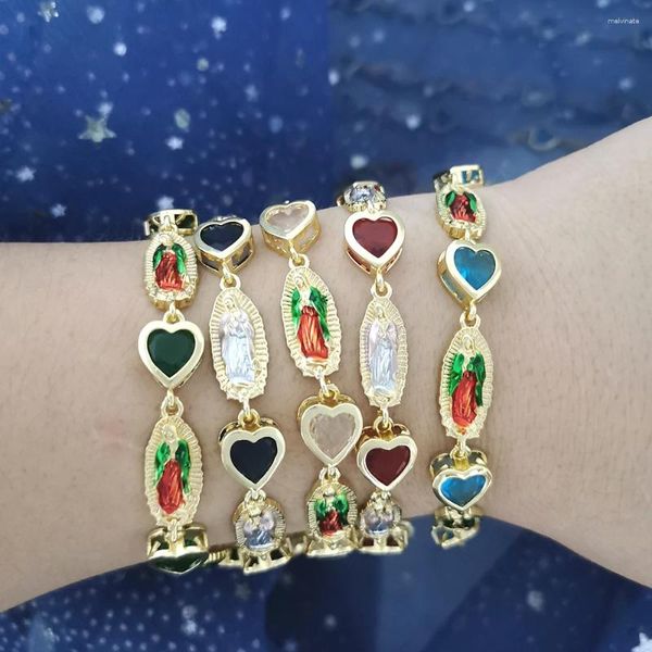 Bracelets à maillons QMHJE Vierge Marie Coeur Bracelet Femmes Tennis CZ Cristal Noir Vert Rose Bleu Charme Or Couleur Bijoux À La Mode En Gros