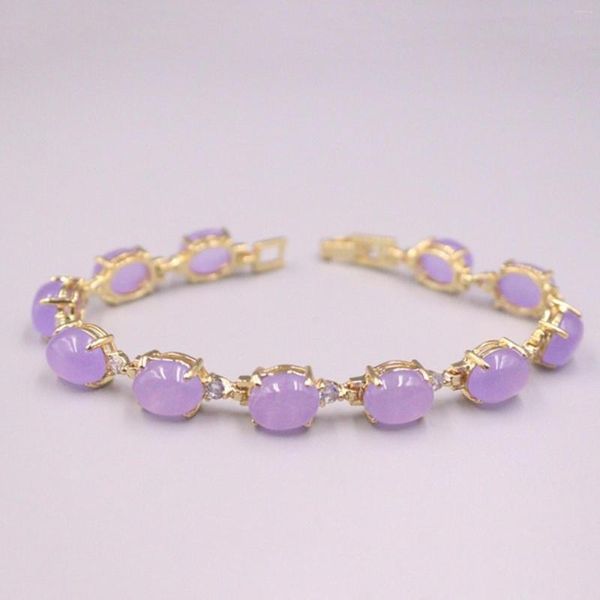 Lien Bracelets Réel Jade Gp Bracelet 18K Plaqué Or Pour Les Femmes Zircon Brillant Chauffage Bijoux Alliage Violet Jadéite 18.5cmL