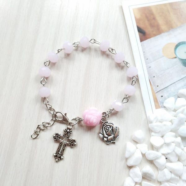 Bracelets à maillons Religieux Catholique Rose Cristal Prière Perles Chaîne Chapelet Bracelet Croix Rose Charms Bijoux Baptême Confirmation Cadeaux