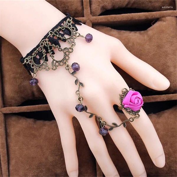 Pulseras de eslabones Flor Retro Vine Crystal Lolita Pulsera de encaje Anillo de dedo de rosa conectado para mujeres Joyería gótica