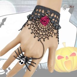 Lien Bracelets Rétro-Gothique Crâne Fleur Dentelle Bracelet Avec Anneau Punk Bijoux Chaîne Gland Gants De Mariage