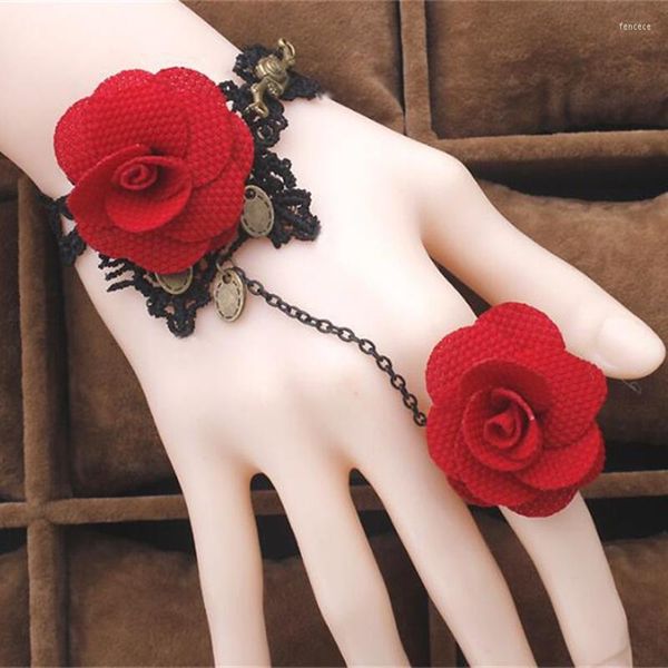 Lien Bracelets Rétro Rouge Rose Bagues Femme Fleur Dentelle Bracelet Avec Anneau Un Opisthenar Mode Bijoux Parti Cosplay Cadeau