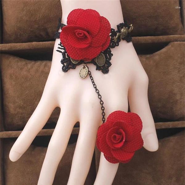 Pulseras de eslabones, pulsera de flores de rosa roja Retro con anillo, anillos de dedo de encaje Opisthenar para mujer, regalo de fiesta, joyería