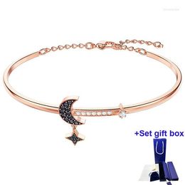 Link pulseiras s alta qualidade moda pulseira simbólica pulseira lua e estrela preto rosa ouro-tom banhado caixa de presente requintado