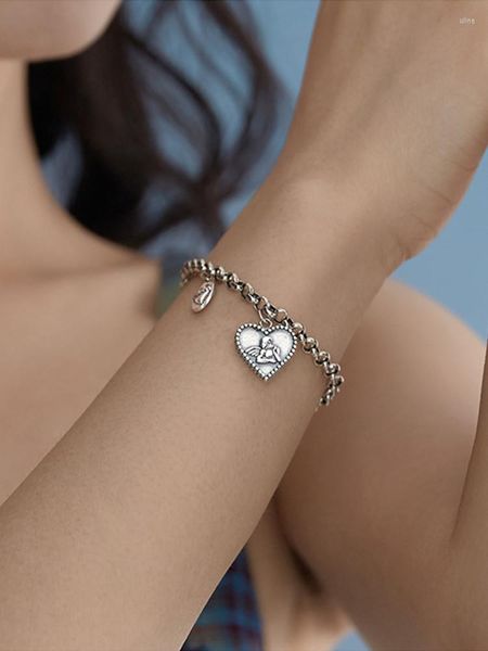 Pulseras de eslabones S925 Love Cupid Angel Pendant Sterling Silver Bracelet Punk Style Women Thai