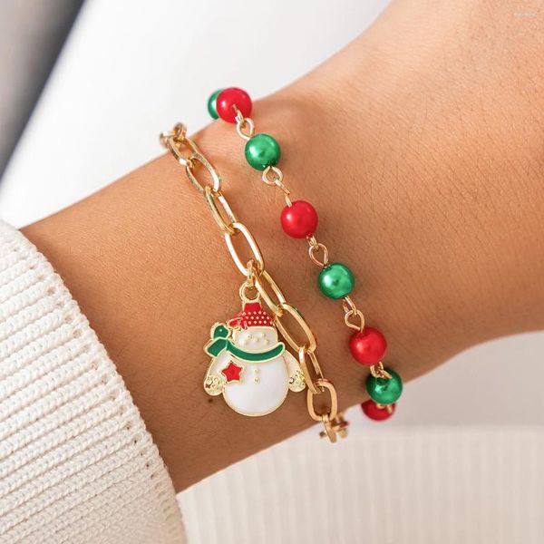 Pulseras de enlace Salircon Coreano Lindo Metal Muñeco de nieve Campana Colgante Pulsera Encanto Rojo Verde Acrílico Cuentas Fiesta de las mujeres Regalo de joyería