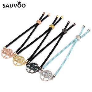 Link Armbanden Sauvoo Fashion Black Braid Rope Crystal Hollow Round Tree Charms Slider Bracelet For Women Female handgemaakte sieradenketen