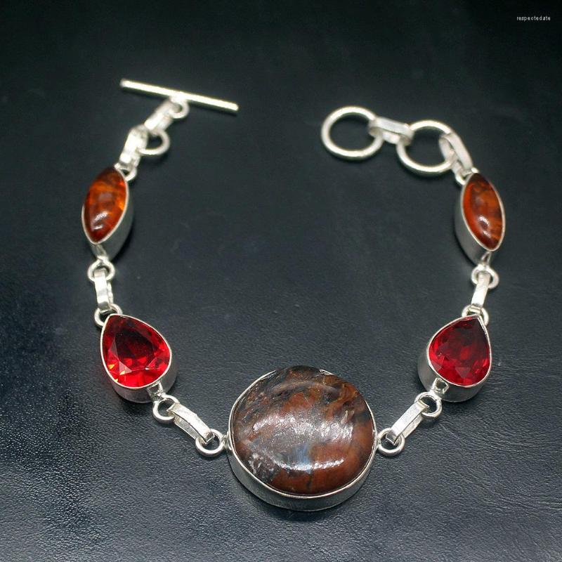 Link Bracelets Sea Sediment Baltic Amber Red Garnet Silver Color Charms Links For Women 7.75 Inch HD841