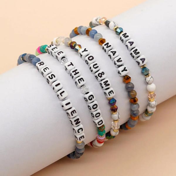 Bracelets à maillons vendant un bracelet de style bohème transfrontalier avec des perles de lettres carrées en cristal et des pierres semi-précieuses simples et versa