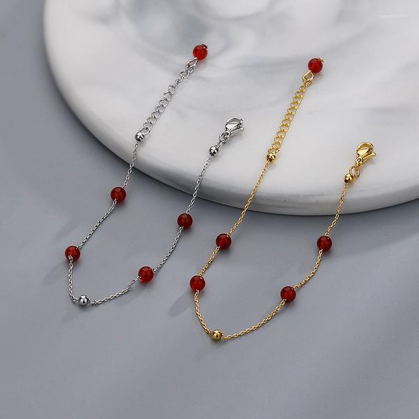 Pulseras de eslabones, brazaletes de ágata roja de Color dorado y plateado para mujer y niña, cuentas de la suerte, joyería clásica, regalos de fiesta, gota