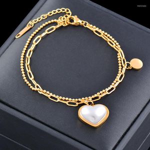 Lien Bracelets SINLEERY 316L En Acier Inoxydable Grand Coeur Perle Pendentif 2 Couches Bracelet Main Chaîne Femmes Mode Bijoux SSB