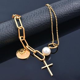 Link Armbanden Sinnery roestvrijstalen munt Kruis hanger Bracelet voor vrouwen goud zilveren kleur handketen mode sieraden accessoires SSB