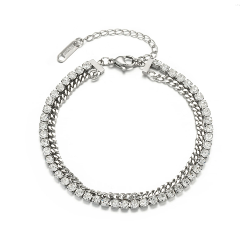 Link pulseiras sipengjel 316 aço inoxidável dupla camada de cristal pulseira para mulheres não manchar corrente cubana adjsutable jóias 2024