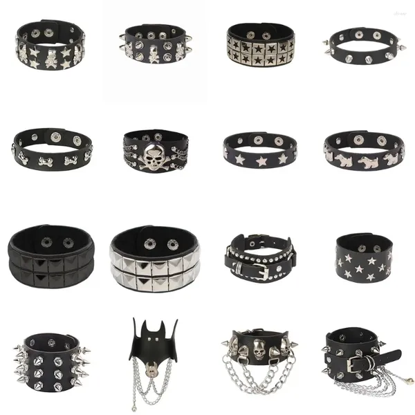 Pulseras de eslabones Cráneo Punk Gótico Rock Cadenas Metal Stud Spikes Remache Pu Pulsera de cuero Brazalete Ancho Mujeres Hombres Joyería 2023