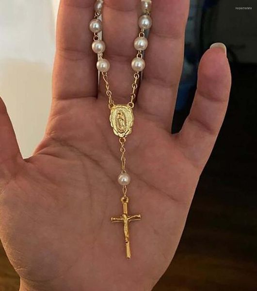 Pulseras de eslabones SOMESOOR Cuentas de perlas de vidrio Pulsera de rosarios con amuletos cruzados Bautismo Favores católicos Oración Accesorio de joyería para mujeres