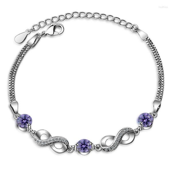 Bracelets à maillons scintillants infini violet CZ pour femmes et filles, chaîne de boîte cadeau d'anniversaire de mariage