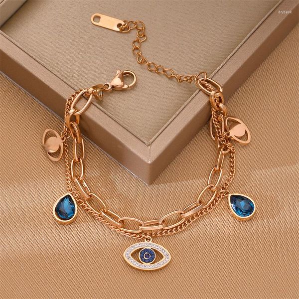 Pulseras de eslabones de acero inoxidable con abalorio de ojo azul para mujer