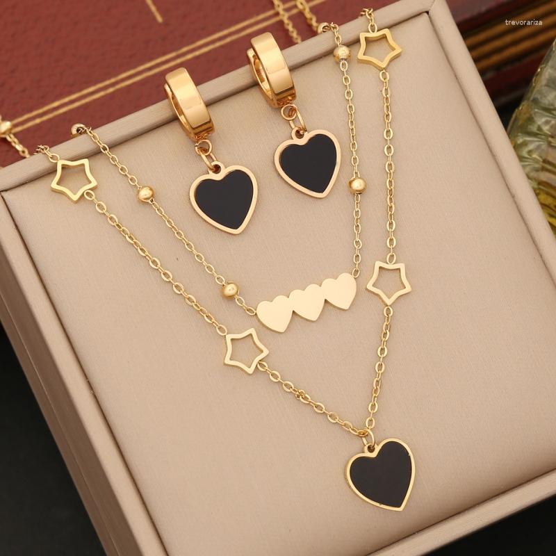 Link Pulseiras de Aço Inoxidável Dupla Camada Amor Coração Estrela Clavícula Colar Não Desaparecendo Pulseira Brincos Conjunto de Jóias Acessórios de Casamento