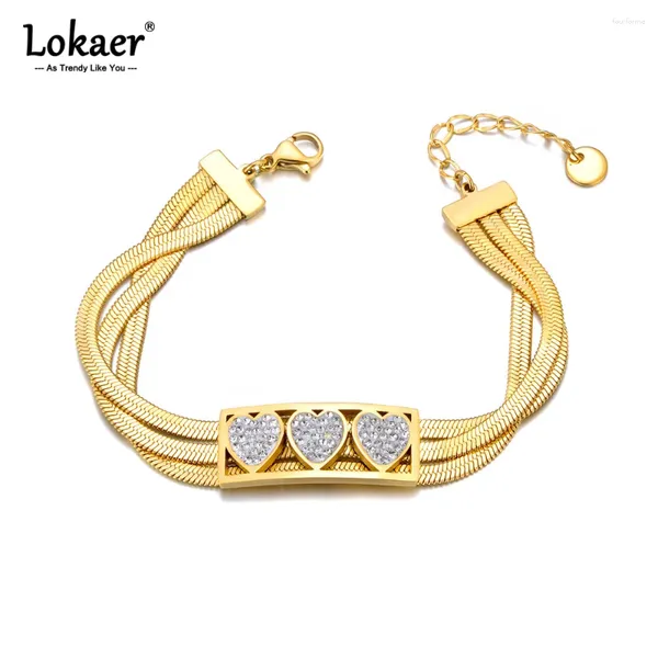 Pulseras de eslabones Pulsera de corazón de cadena de tres capas chapada en oro de acero inoxidable para mujer Declaración de moda Joyería impermeable de moda