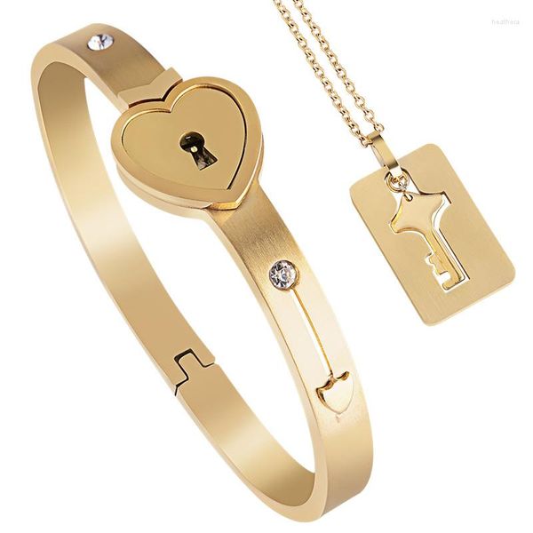 Lien Bracelets En Acier Inoxydable Coeur Serrure Bracelet Clé Carré Pendentif Collier De Mode Couple Bijoux Ensemble Cadeaux Pour Les Amoureux